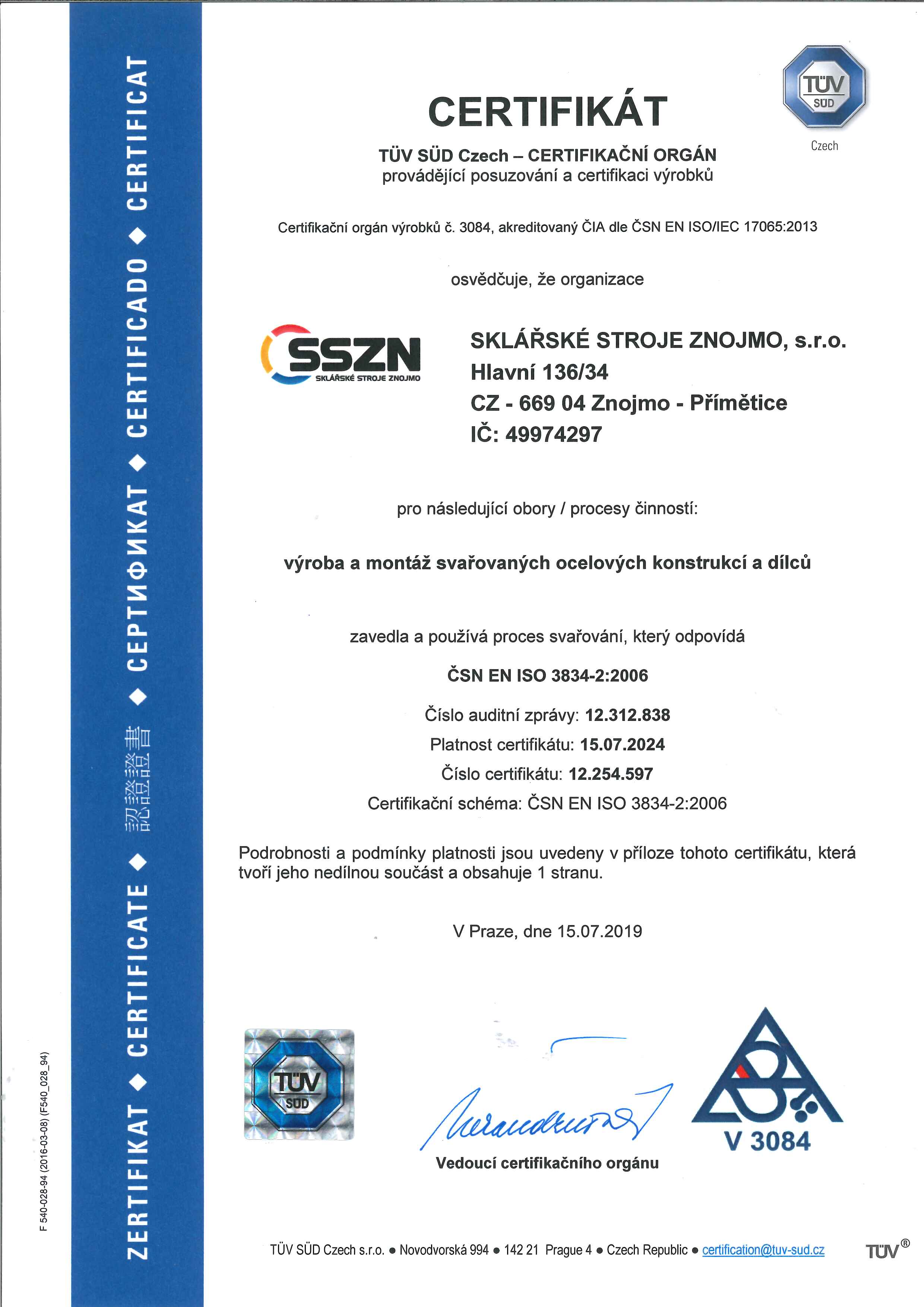 2019 Certifikát ISO 3834 2 Čj str1