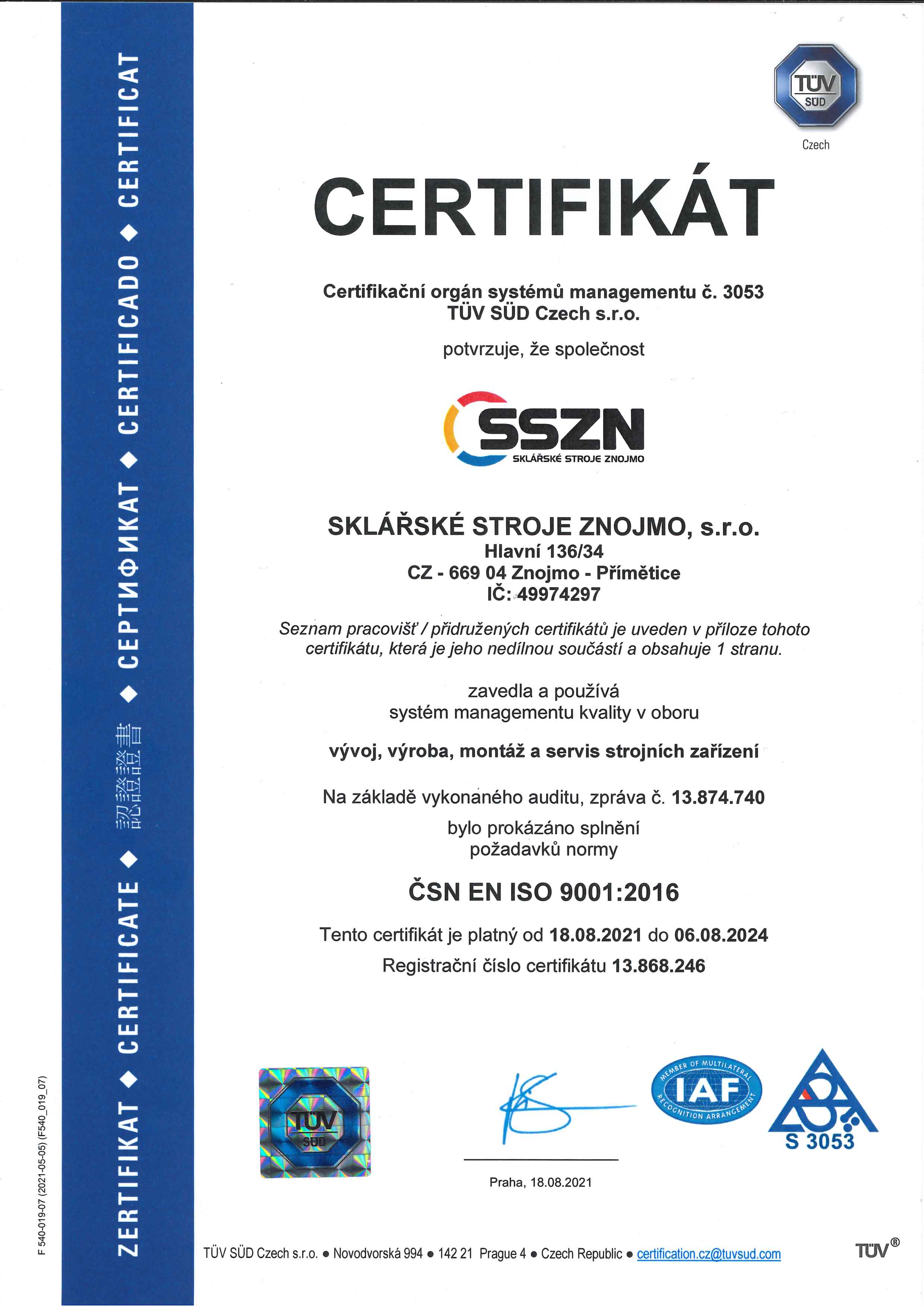 2021 Certifikát ISO 9001 Čj str1